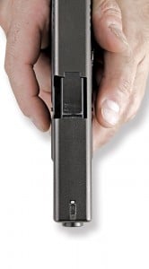 The lasers ambidextrous activation switch can be depressed by either the shooters trigger finger, or the thumb of the support hand.