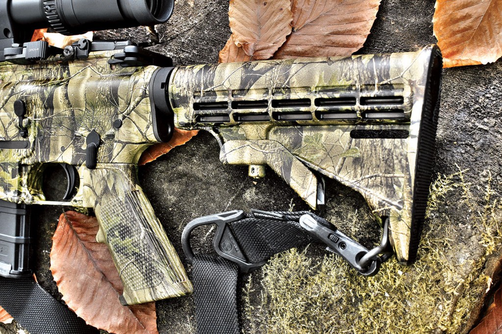 The TimberTec SRC gets a camo-matched A2 handgrip and six-position collapsible buttstock . . . we found this particular camo pattern to blend well in a variety of terrains. Magpul’s convertible MS3 sling is shown attached.