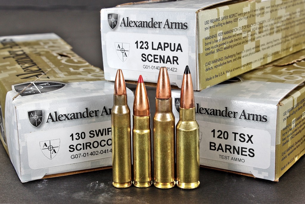 comparing cartridges from Left to right: .223 remington, .300 whisper, 6.8 spc and 6.5 grendeL.—the Latter of which is baLListicaLLy superior to aLL. aLexander arms offers five in-house Loads and three second-party Loads ranging from inexpensive training ammo , to highLy refined, purpose buiLt cartridges. 