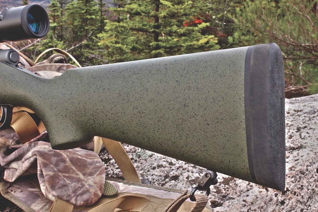 the rifle’s weAtherproof coMposite stock gets A textured od-green/speckled finish, duAl sling swivel studs And A one-inch pAchMAyr decelerAtor recoil pAd.