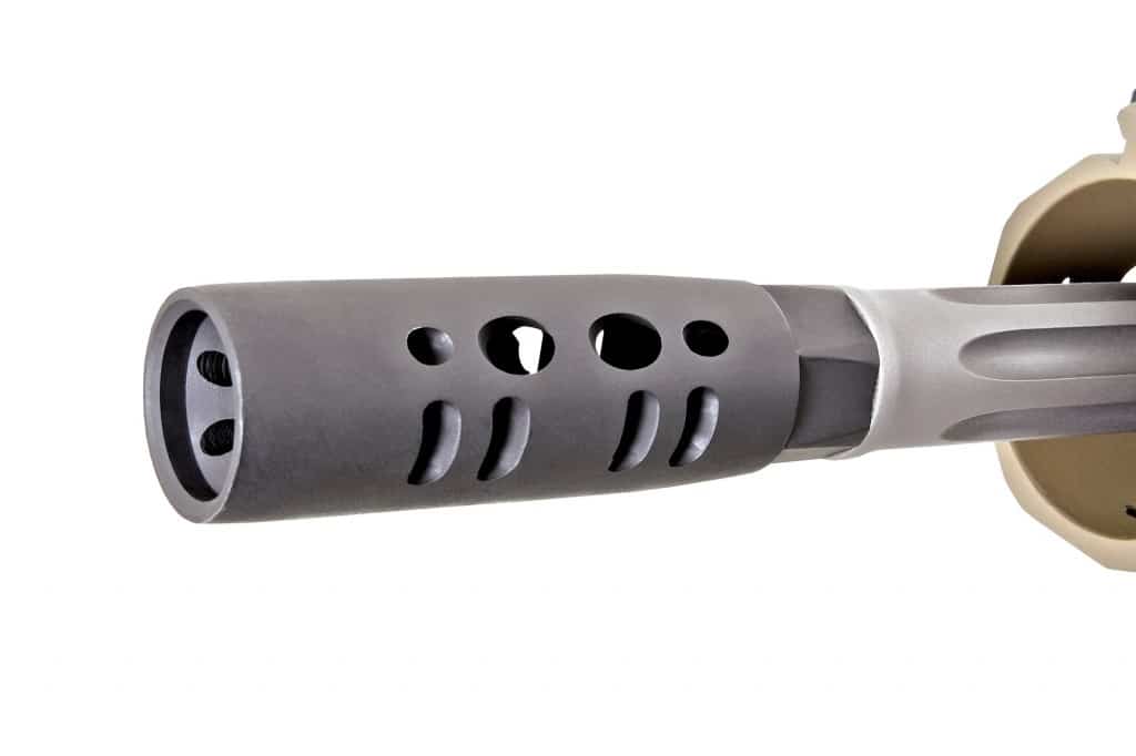 The rifle’s 18-inch, stainless steel fluted barrel is fitted with either the RRA Hunter Muzzle Brake (shown) or the RRA Beast Muzzle Brake with added “breaching spikes” on the leading edge.