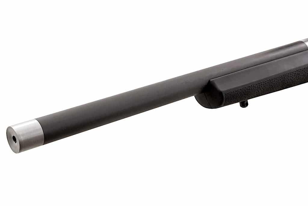 The ultra light-weight and rigid barrel is formed using a steel barrel liner wrapped in carbon and fitted with aluminum end caps.