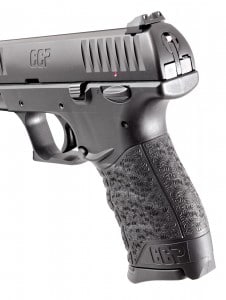 The manual thumb safety, slide stop and reversible magazine catch are all easy to reach without breaking a firing grip