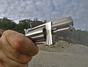 Muzzle rise shown at full-height while firing .22 magnum, the sidewinder’s recoil was surprisingly tame.