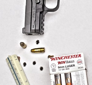 The tightest 25-yard, 5-shot group (2.2 inches) with the FNS-9C was delivered with Winchester 147-gr. Winclean.
