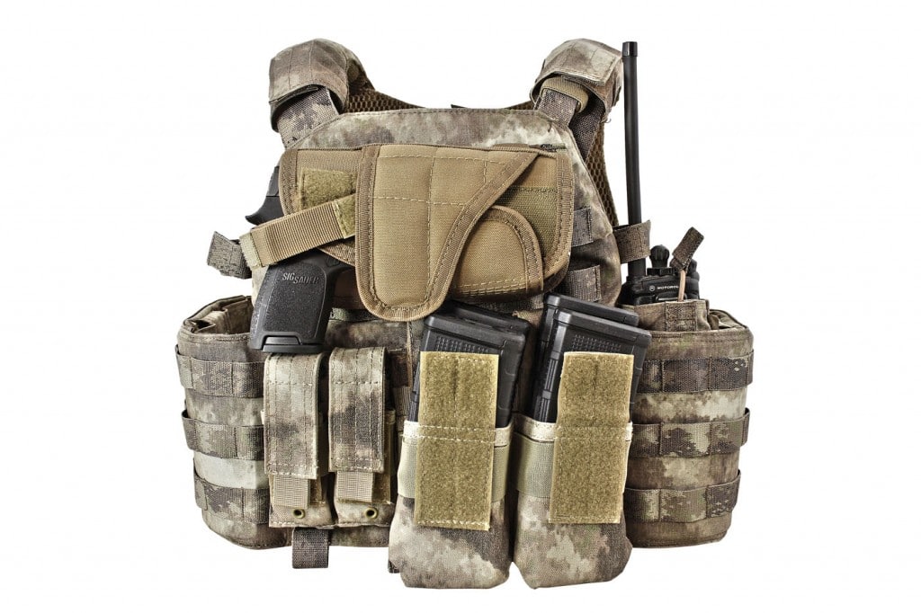 When purchased as a complete package, the Warrior DCS plate carrier comes complete with front, back and side-armor, a fully-adjustable and light-compatible Tornado style horizontal pistol holster, and four-mag AR-15/M4 magazine and dual pistol magazine pouchesall in your choice of color or camo options.