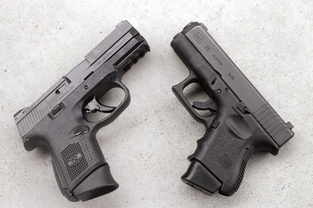 The FNS-9C is comparable in size to the Glock 26, yet boasts an accessory rail and magazines with a two-round payload advantage.
