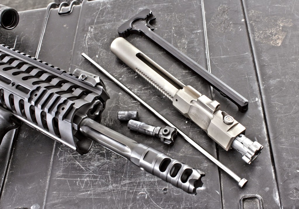 The P308s nickel-plated bolt carrier houses a hard-chromed bolt and NP3 coated cam pin. Components of the piston are easily removed through the gas block.