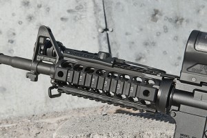 Also standard on the Patrol is a drop-in Midwest Industries quad rail with numbered Picatinny rail slots and a total of four QD sling swivel receptacles.