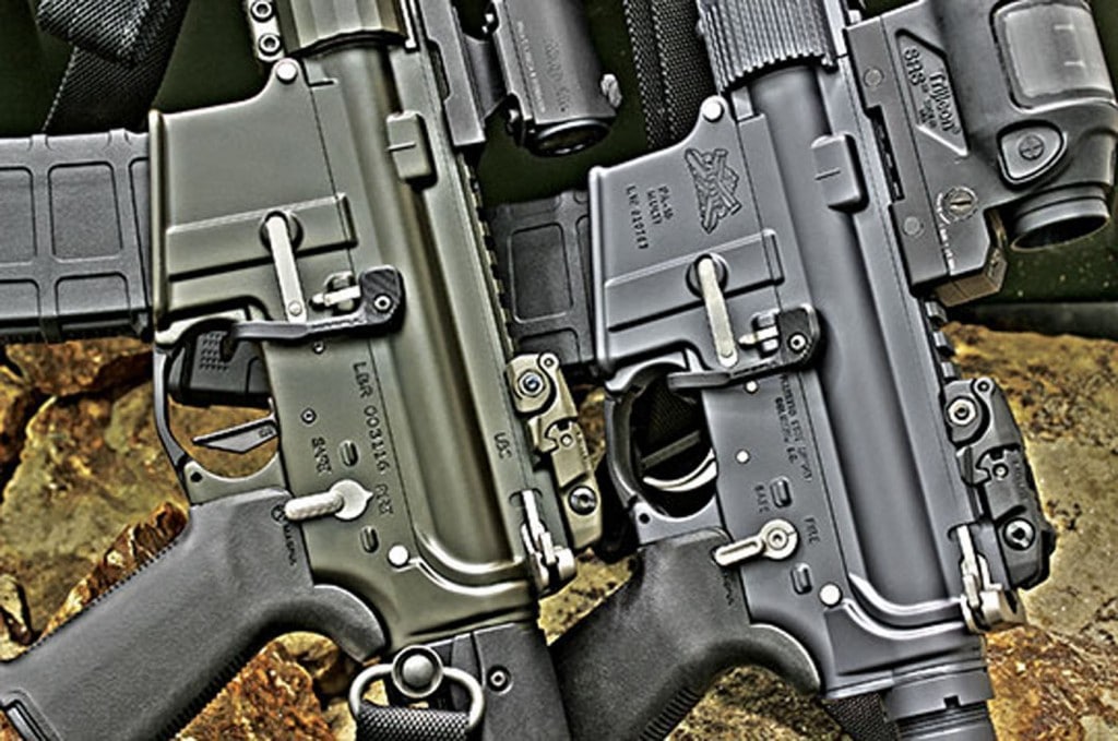 Robar's Poly T2 Epoxy coatingin gunmetal grey and dark OD-green, respectively-was designed specifically for firearm applications. Both guns are wearing Magpul BAD Lever's.