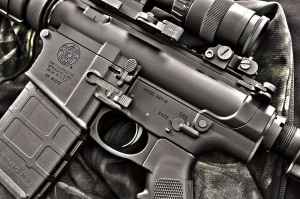 The port-side magazine release button can been seen here, as well as the M&P10’s enlarged, integral trigger guard.