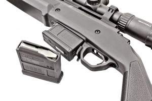 The hunter stock will work with the factory hinged floorplate, but Magpul also offers this detachable PMAG 5 magazine/floorplate kit.