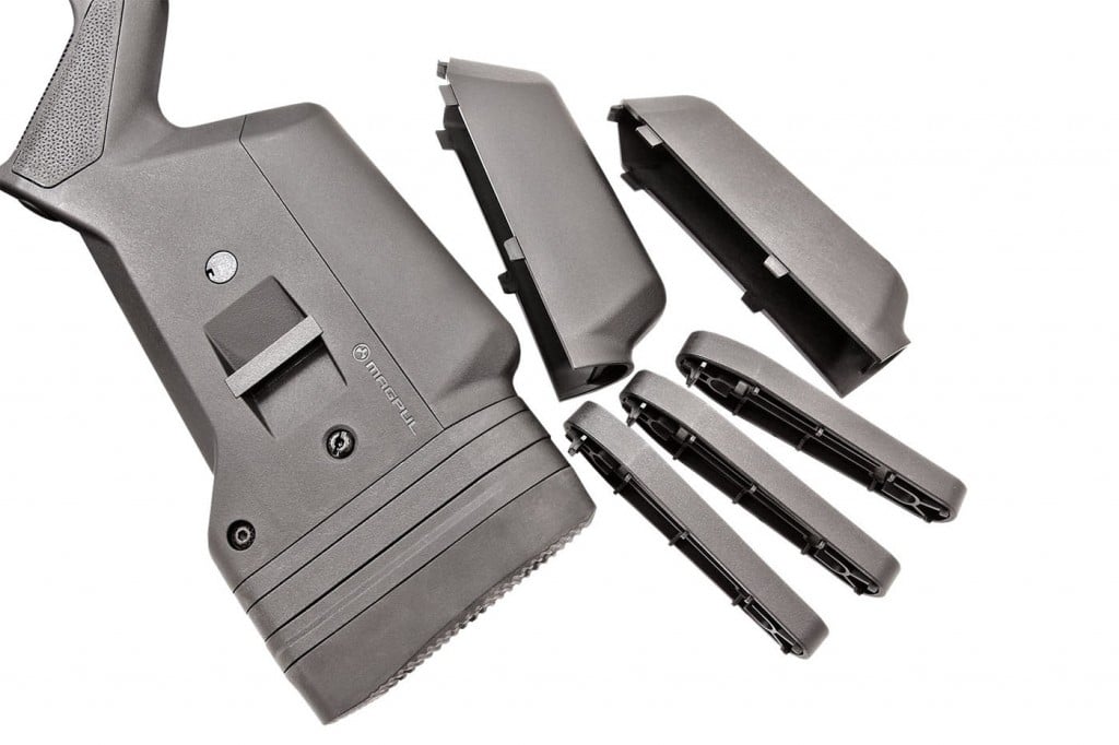 length-of-pull spacers are included for fine tuning. If the standard cheek riser won’t work, magpul offers a riser kit separately, which includes 0.50” and one 0.75” riser. Multiple slingmounting options are present front and rear.