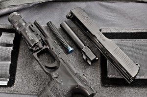 Pictured here field srtipp ed into its major component parts, the PPQ 45 features Walthers’s outstanding Quick Defense trigger system, with a pull length of 3/8” at an average pull weight of 4.6 oz. (1.3 oz. initial; 3.3 oz. final).
