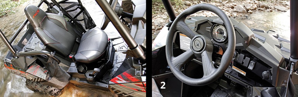1. In the cockpit you’ll find a bolstered bucket seat that appears like it was borrowed directly from the company’s RZR line. Speaking of RZR’s, operators of larger stature will not only find the ACE easier climb in and out of, but once seated, they’ll be noticeably more comfortable with the cockpit dimensions. Legroom is adjustable via a seat slider, and steering through a lever and shock-assisted tilt mechanism. The right-side-mounted transmission shifter proved easy to reach and operate. 2. The single gauge pod includes a combination analog speedometer/digital readout—the latter providing readouts on the odometer, tachometer, tripmeter, gear indicator, fuel gauge, AWD indicator and hi-temp/low-battery lights. A keyed ignition switch, AWD selector and DC accessory power port all sit within arms reach on the right side of the dash.