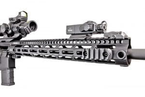 The 15” midwest industries SSM M-Lok handguard carries a skeletal, minimalistic profile.