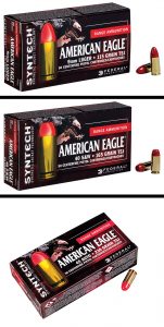 Syntech is initially available in 115 gr. 9 mm, 165 gr. 40 S&W and 230 gr. 45 ACP Total Synthetic Jacket (TSJ) loads. Packaged in boxes of 50 rounds, Syntech will be sold as part of Federal’s competitively priced American Eagle product line.