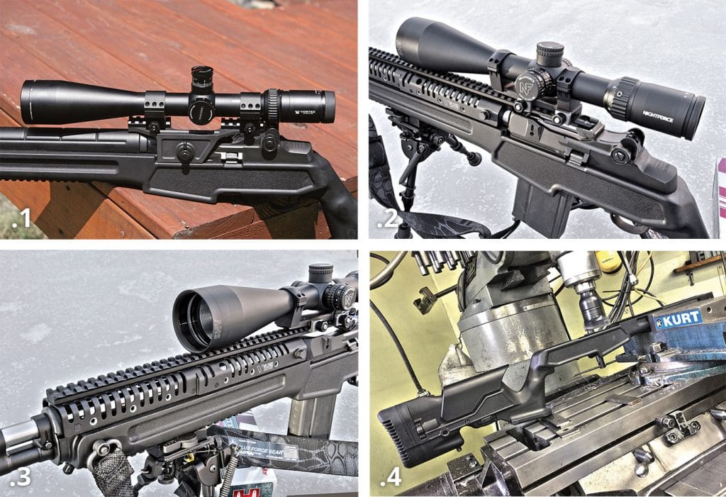 1—Mas used a Vortex Viper 6-25x50mm scope and Springfield armory 4th gen mount throughout testing. 2—on target’s version of the rifle was equipped with a vltoR casv-14 optics rail and nightforce SHV scope. 3—made from lightweight aircraft-grade aluminum, and Av ailable in black, tan and foliage-green, the Vltor casv-14 not only facilitates solid primary-optic mounting on the m1a/m14 platforms, but also opens the door to secondary night vision and accessory mounting. 4—while the casv-14 rail will not interfere with standard wood or fiberglass stocks, using it with the archangel stock meant shaving a bit of material from the top of the forend.