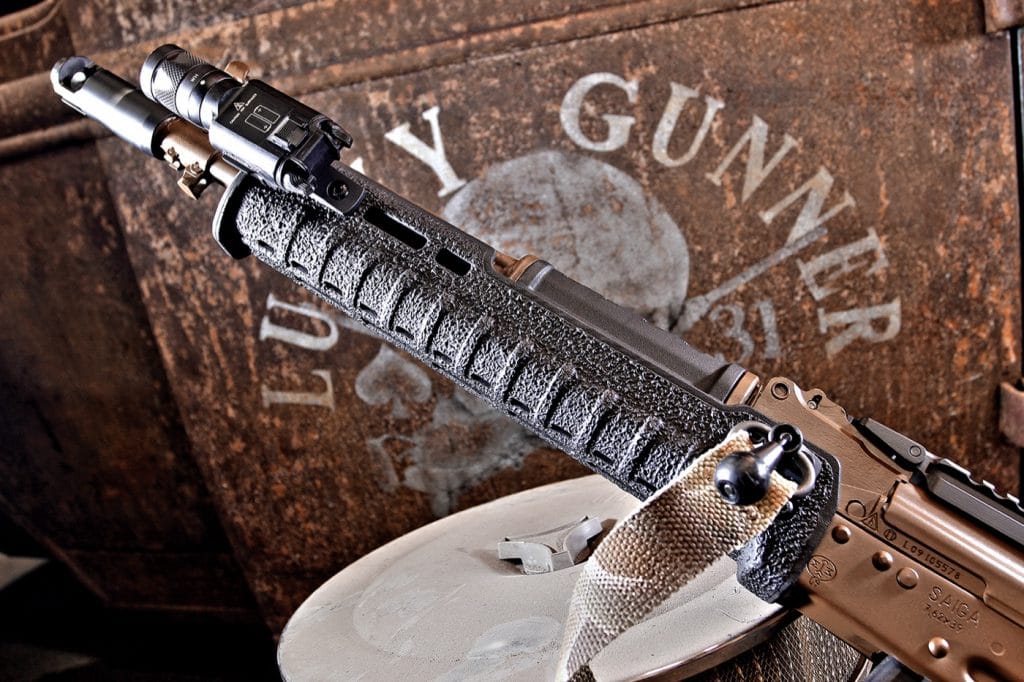 We had Robar apply their Grip-tex turing to our extended-length Magpul Zhukov polymer handguard. the Zhukov features an aluminum chassis for reinforcement and is fully M_LOK compatible for accessory mounting.