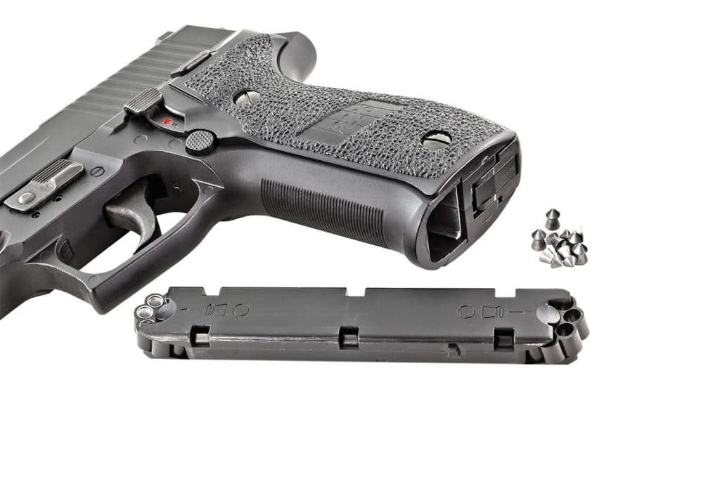 The double-ended 2 magazine holds 8 pellets in either end, and drops-free just like the real-deal P226. The decocking lever acts as both decocker and safety.