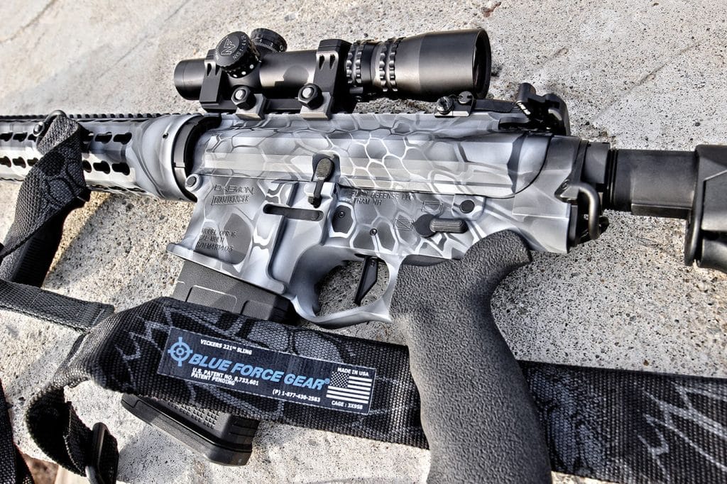 The billet aluminum lower receiver houses a Geissele Super Dynamic Enhanced two-stage trigger group, ambi selector switch, raised bolt catch, and is fitted with an overmolded-rubber Ergo Grip. We used a Nightforce NXS 1-4x scope and Blue Force gear padded vickers sling throughout the majority of testing.