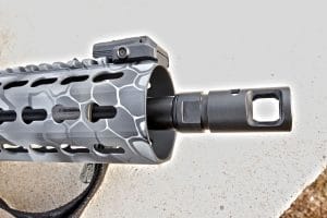 A short but effective CV muzzle brake tops the carbine’s 16-inch 416 stainless barrel. The adjustable gas block can be seen through the Key Mod cutouts in the forend.