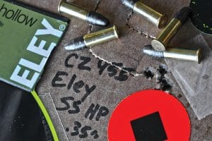 Using the CZ 455 fitted with a 10-40x Sightron riflescope, Wayne fired this 5-shot, 50-yard knot with Eley Subsonic. All shots stayed within 0.35-inches, equaling the performance of the companies match ammo.