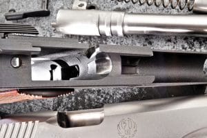 Internal highlights include a polished Titanium feed ramp inserted into the aluminum frame to prevent wear, a titanium firing pin and precise machining throughout, resulting in a pleasingly high level of fit and finish.