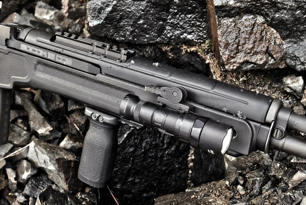 Further modernizing the rifle is an M-LOK compatible forend—with attacment slots on the sides and bottom—letting you install any M-LOK accessory needed. Three Picatinny rail sections are included; two of which we used to mount a SureFire M300 Mini Scout weaponlight and Magpul RVG vertical grip. Also visible is the barrel-mounted Picatinny optics base, which is standard equipment regardless of whether or not you opt for the reciever-mounted Vortex optic.