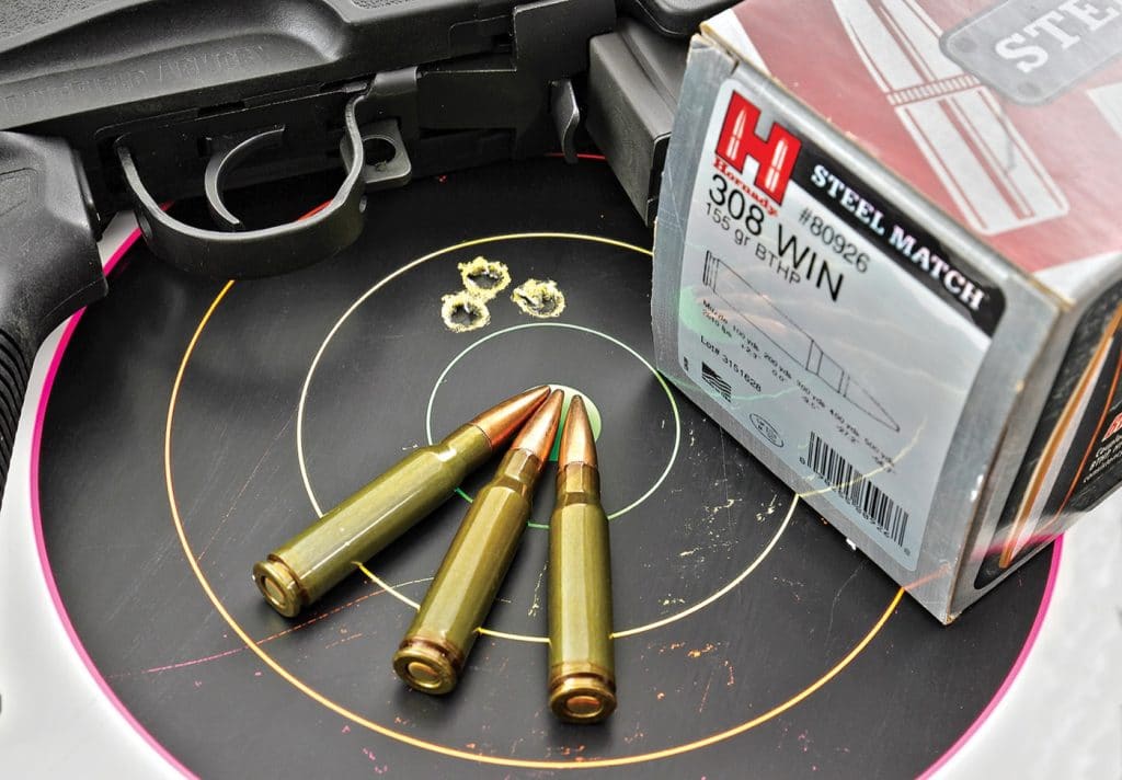 We’ve never been dissapointed with an M1A’s downrange-precision capability, and the SOCOM CQB continued this trend with the majority of ammunition we fed it. Taking top honors was Hornady’s steel-cased, 155-gr BTHP Steel Match load, printing this 0.65-inch group.