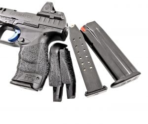 Three different sized/ profiled replacement backstrap inserts allow the user to tailor the grip size to best suit his or her hand size. Capacity of the three included magazines is 15-rounds.