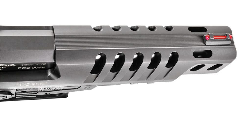 While there’s no barrel porting to match, the Q5’s ported slide not only reduces reciprocating mass—effectively reducing cycle time—but also enhances the pistol’s overall balance. 