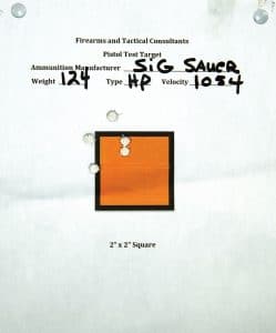 The P-01 was able to group at two inches or less with all ammo. The best group came with Sig 124-gr. JhP, measuring out at 1.75”.