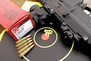 The mutant pistol proved itself to be one of the most-precise 7.62x39mm chambered guns we’ve yet to bench test, printing this 50-yard 5-shot group with Hornady’s always-top performing 123-gr. SST load.