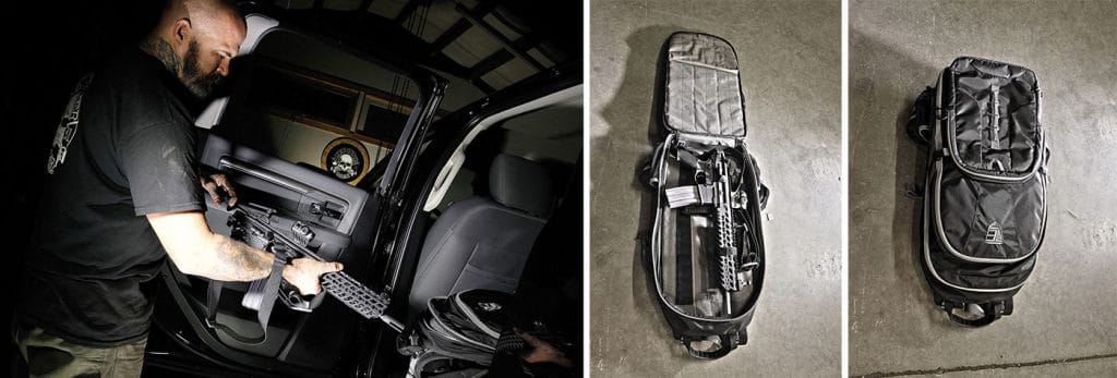 One of the huge advantages of the MCX over a typical AR-15 is that it’s recoil system does not require a buffer tube, opening the door to a foldable or collapsible stock or brace. The perfect “truck gun”? Yes, maybe—especially when stowed away in a storage solution like the Elite Survival (elitesurvival.com) covert operations rifle backpack shown here.